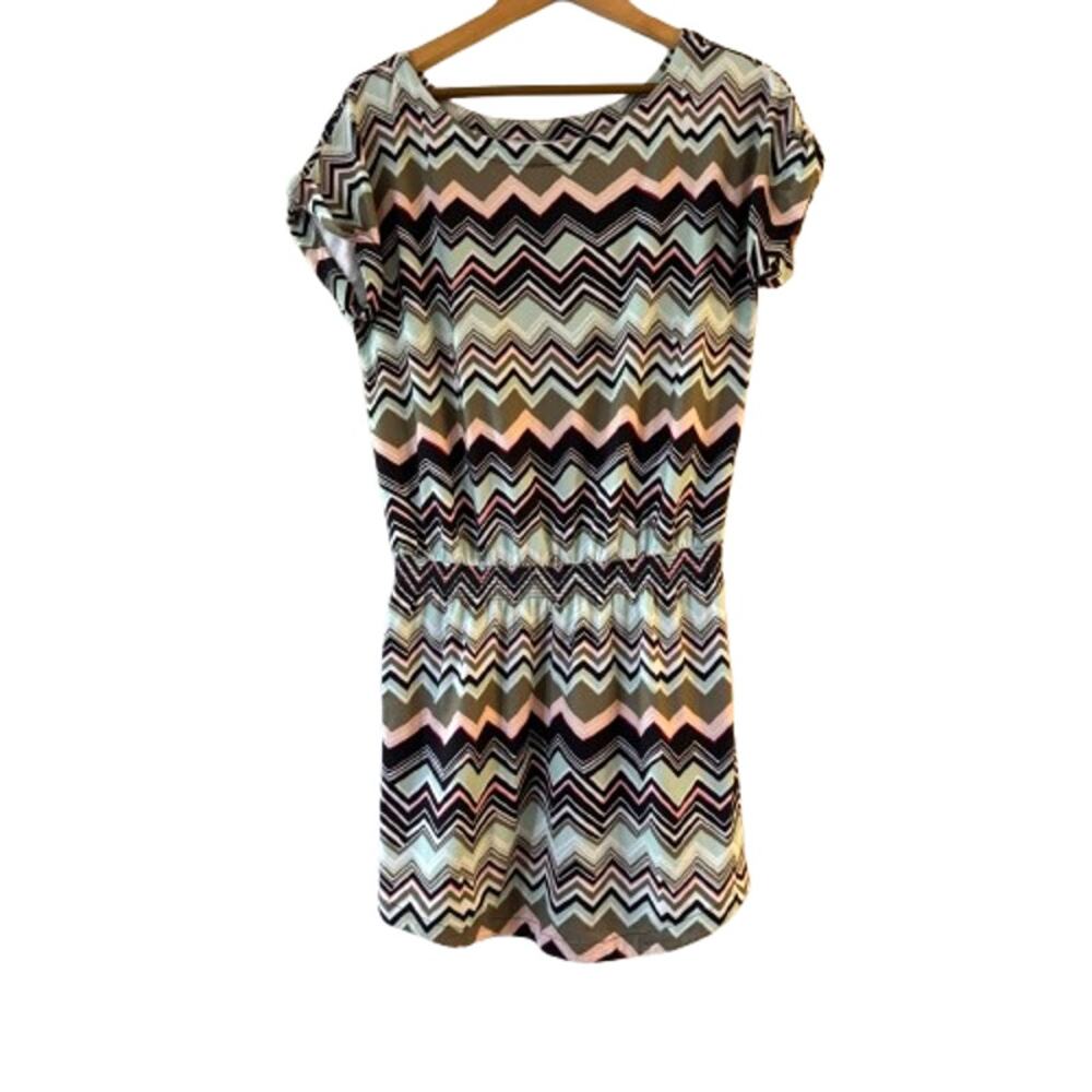 Lole Cap Sleeve Blouson Mini Dress‎ Size S Green Multi Chevron Zig Zag Athletic